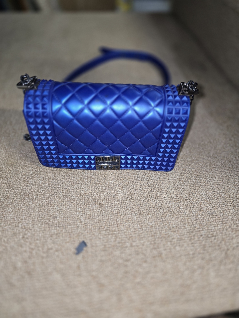 Blue Quilted Stud-Accent Shoulder Bag